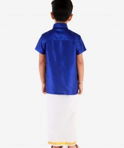 Vastramay Men's & Boys Blue Solid Silk Blend Half Sleeve Ethnic Shirt And Mundu Set 12 Vastramay Men's & Boys Blue Solid Silk Blend Half Sleeve Ethnic Shirt And Mundu Set