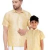 Vastramay Men's & Boys Gold Solid Silk Blend Half Sleeve Ethnic Shirt 1 Vastramay Men's & Boys Gold Solid Silk Blend Half Sleeve Ethnic Shirt