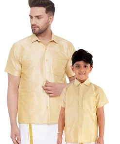 Vastramay Men's & Boys Gold Solid Silk Blend Half Sleeve Ethnic Shirt