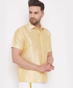 Vastramay Men's & Boys Gold Solid Silk Blend Half Sleeve Ethnic Shirt