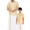 Vastramay Men's & Boys Gold Solid Silk Blend Half Sleeve Ethnic Shirt And Mundu Set
