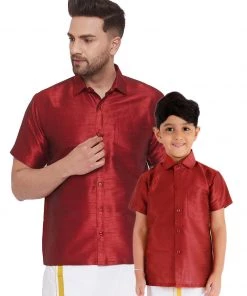 Vastramay Men's & Boys Maroon Solid Silk Blend Half Sleeve Ethnic Shirt