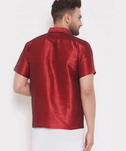 Vastramay Men's & Boys Maroon Solid Silk Blend Half Sleeve Ethnic Shirt