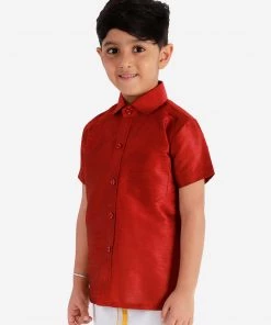 Vastramay Men's & Boys Maroon Solid Silk Blend Half Sleeve Ethnic Shirt