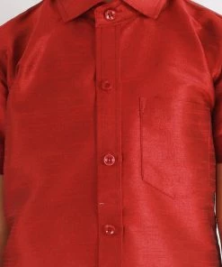 Vastramay Men's & Boys Maroon Solid Silk Blend Half Sleeve Ethnic Shirt