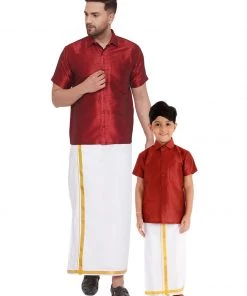 Vastramay Men's & Boys Maroon Solid Silk Blend Half Sleeve Ethnic Shirt And Mundu Set