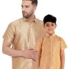 Vastramay Men's & Boys Rose Gold Solid Silk Blend Half Sleeve Ethnic Shirt 2 Vastramay Men's & Boys Rose Gold Solid Silk Blend Half Sleeve Ethnic Shirt