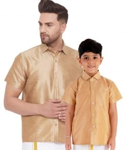 Vastramay Men's & Boys Rose Gold Solid Silk Blend Half Sleeve Ethnic Shirt