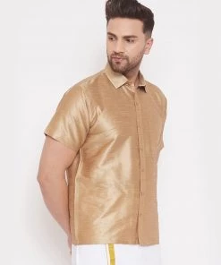 Vastramay Men's & Boys Rose Gold Solid Silk Blend Half Sleeve Ethnic Shirt