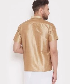 Vastramay Men's & Boys Rose Gold Solid Silk Blend Half Sleeve Ethnic Shirt