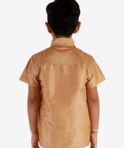 Vastramay Men's & Boys Rose Gold Solid Silk Blend Half Sleeve Ethnic Shirt