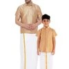 Vastramay Men's & Boys Rose Gold Solid Silk Blend Half Sleeve Ethnic Shirt And Mundu Set Shirt Mundu Set