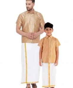 Vastramay Men's & Boys Rose Gold Solid Silk Blend Half Sleeve Ethnic Shirt And Mundu Set Shirt Mundu Set
