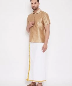 Vastramay Men's & Boys Rose Gold Solid Silk Blend Half Sleeve Ethnic Shirt And Mundu Set Shirt Mundu Set