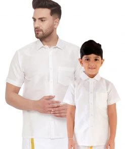 Vastramay Men's & Boys White Solid Silk Blend Half Sleeve Ethnic Shirt