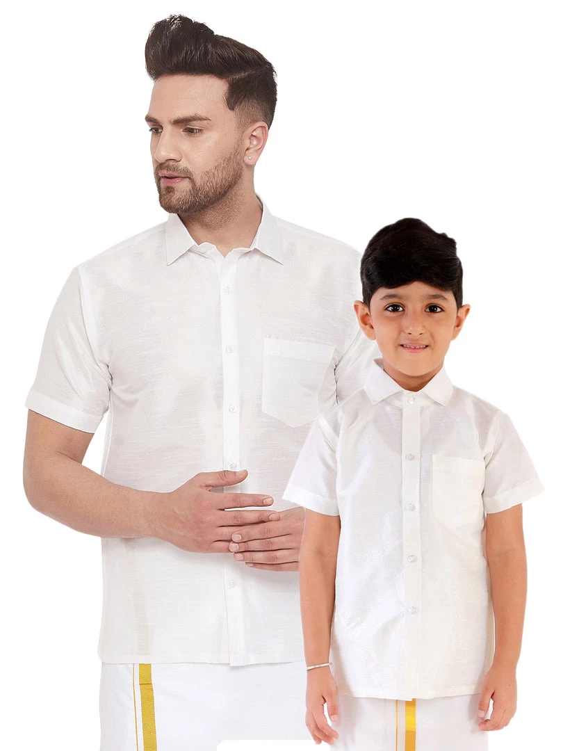 Vastramay Men's & Boys White Solid Silk Blend Half Sleeve Ethnic Shirt 3 Vastramay Men's & Boys White Solid Silk Blend Half Sleeve Ethnic Shirt