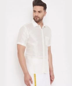 Vastramay Men's & Boys White Solid Silk Blend Half Sleeve Ethnic Shirt