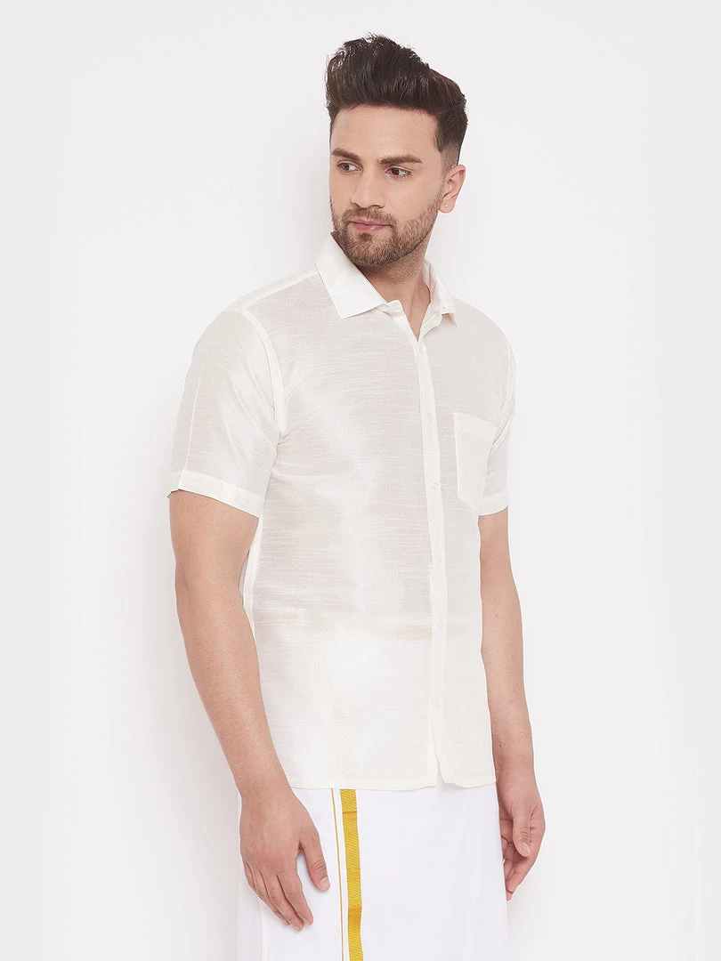 Vastramay Men's & Boys White Solid Silk Blend Half Sleeve Ethnic Shirt 4 Vastramay Men's & Boys White Solid Silk Blend Half Sleeve Ethnic Shirt
