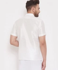 Vastramay Men's & Boys White Solid Silk Blend Half Sleeve Ethnic Shirt 10 Vastramay Men's & Boys White Solid Silk Blend Half Sleeve Ethnic Shirt