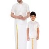 Vastramay Men's & Boys White Solid Silk Blend Half Sleeve Ethnic Shirt And Mundu Set Shirt Mundu Set