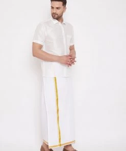 Vastramay Men's & Boys White Solid Silk Blend Half Sleeve Ethnic Shirt And Mundu Set Shirt Mundu Set