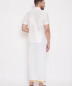 Vastramay Men's & Boys White Solid Silk Blend Half Sleeve Ethnic Shirt And Mundu Set Shirt Mundu Set