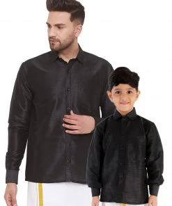 Vastramay Men's & Boys Black Solid Silk Blend Full Sleeve Ethnic Shirt