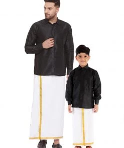 Vastramay Shirt Mundu Set Men's & Boys Black Solid Silk Blend Full Sleeve Ethnic Shirt And Mundu Set