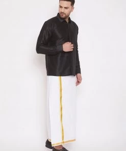 Vastramay Shirt Mundu Set Men's & Boys Black Solid Silk Blend Full Sleeve Ethnic Shirt And Mundu Set