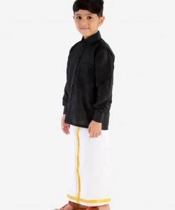 Vastramay Shirt Mundu Set Men's & Boys Black Solid Silk Blend Full Sleeve Ethnic Shirt And Mundu Set 11 Vastramay Shirt Mundu Set Men's & Boys Black Solid Silk Blend Full Sleeve Ethnic Shirt And Mundu Set