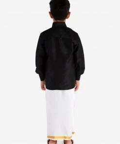 Vastramay Shirt Mundu Set Men's & Boys Black Solid Silk Blend Full Sleeve Ethnic Shirt And Mundu Set 12 Vastramay Shirt Mundu Set Men's & Boys Black Solid Silk Blend Full Sleeve Ethnic Shirt And Mundu Set