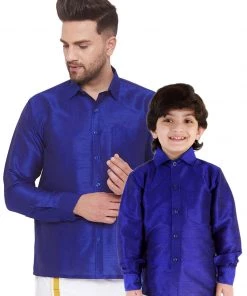 Vastramay Men's & Boys Blue Solid Silk Blend Full Sleeve Ethnic Shirt