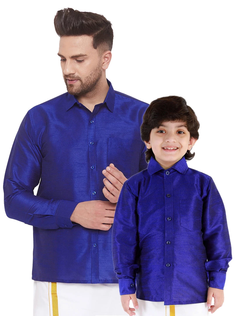 Vastramay Men's & Boys Blue Solid Silk Blend Full Sleeve Ethnic Shirt 3 Vastramay Men's & Boys Blue Solid Silk Blend Full Sleeve Ethnic Shirt
