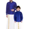 Vastramay Shirt Mundu Set Men's & Boys Blue Solid Silk Blend Full Sleeve Ethnic Shirt And Mundu Set