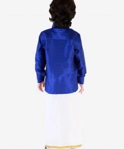 Vastramay Shirt Mundu Set Men's & Boys Blue Solid Silk Blend Full Sleeve Ethnic Shirt And Mundu Set