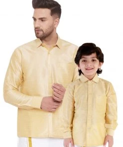 Vastramay Men's & Boys Gold Solid Silk Blend Full Sleeve Ethnic Shirt