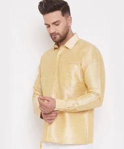 Vastramay Men's & Boys Gold Solid Silk Blend Full Sleeve Ethnic Shirt