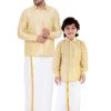 Vastramay Shirt Mundu Set Men's & Boys Gold Solid Silk Blend Full Sleeve Ethnic Shirt And Mundu Set