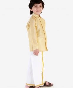 Vastramay Shirt Mundu Set Men's & Boys Gold Solid Silk Blend Full Sleeve Ethnic Shirt And Mundu Set