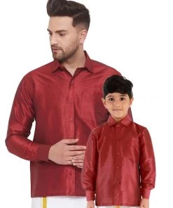 Vastramay Men's & Boys Maroon Solid Silk Blend Full Sleeve Ethnic Shirt