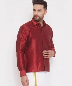 Vastramay Men's & Boys Maroon Solid Silk Blend Full Sleeve Ethnic Shirt