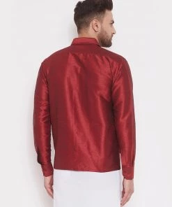 Vastramay Men's & Boys Maroon Solid Silk Blend Full Sleeve Ethnic Shirt