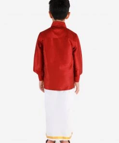 Vastramay Shirt Mundu Set Men's & Boys Maroon Solid Silk Blend Full Sleeve Ethnic Shirt And Mundu Set