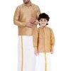 Vastramay Men's & Boys Rose Gold Solid Silk Blend Full Sleeve Ethnic Shirt And Mundu Set