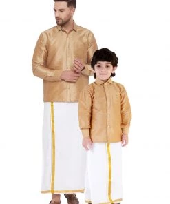 Vastramay Men's & Boys Rose Gold Solid Silk Blend Full Sleeve Ethnic Shirt And Mundu Set