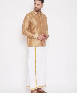 Vastramay Men's & Boys Rose Gold Solid Silk Blend Full Sleeve Ethnic Shirt And Mundu Set