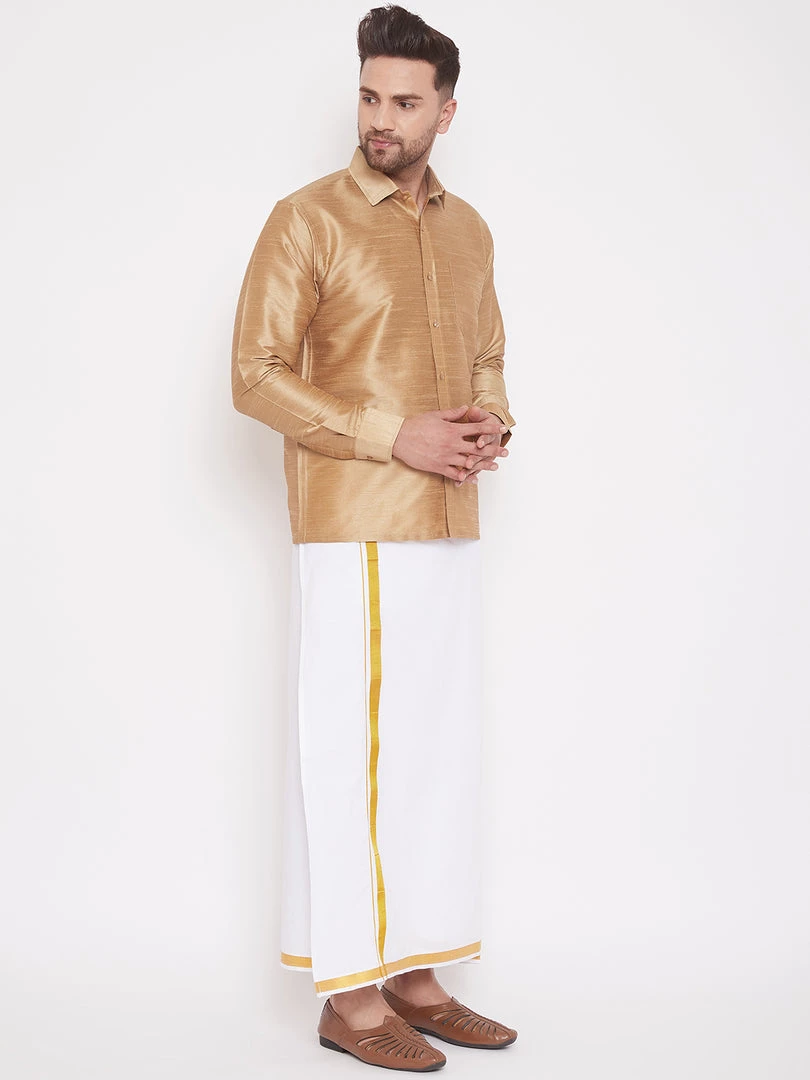 Vastramay Men's & Boys Rose Gold Solid Silk Blend Full Sleeve Ethnic Shirt And Mundu Set 4 Vastramay Men's & Boys Rose Gold Solid Silk Blend Full Sleeve Ethnic Shirt And Mundu Set