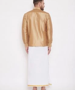 Vastramay Men's & Boys Rose Gold Solid Silk Blend Full Sleeve Ethnic Shirt And Mundu Set 10 Vastramay Men's & Boys Rose Gold Solid Silk Blend Full Sleeve Ethnic Shirt And Mundu Set