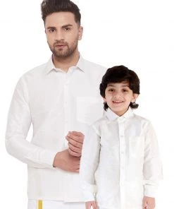 Vastramay Men's & Boys White Solid Silk Blend Full Sleeve Ethnic Shirt