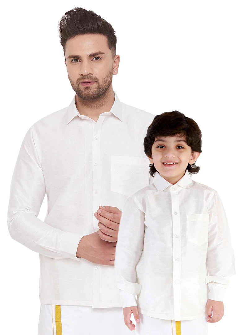 Vastramay Men's & Boys White Solid Silk Blend Full Sleeve Ethnic Shirt 3 Vastramay Men's & Boys White Solid Silk Blend Full Sleeve Ethnic Shirt